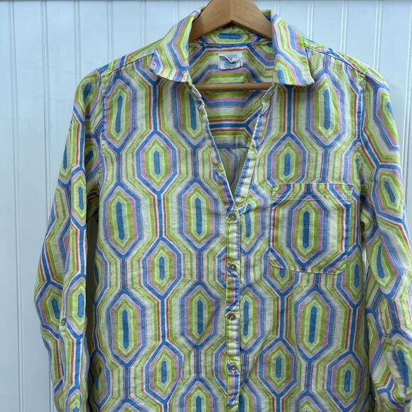Sigrid Olsen Tunic Linen Whimsy Button Up Vibrant Geometric Hexagon Green Bright - Picture 1 of 11